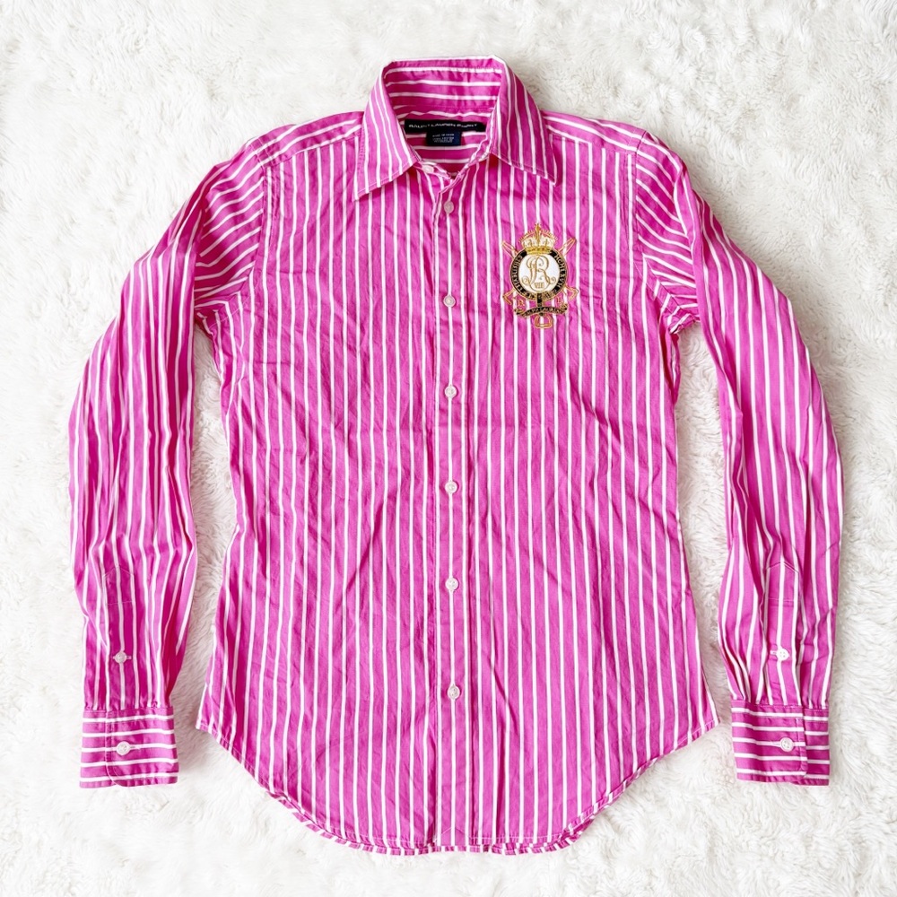 Ralph Lauren Woman Pink Striped Embroidered Crest Button Down Long Sleeve US4